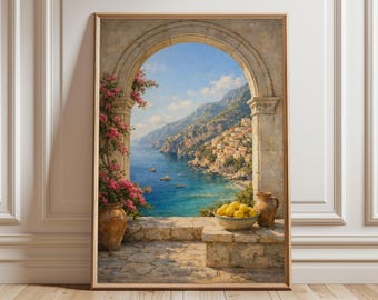 Amalfi Coast Wall Art Print | Positano Italy Coastal Painting | Mediterranean Villa View Poster | Italian Riviera Travel Decor