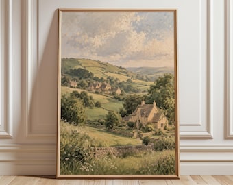 Cotswolds landschapsprint, Engelse platteland kunst aan de muur, glooiende heuvels schilderij, Cottage Meadow Decor, rustieke dorpskunst