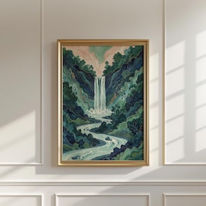 May include: A framed art print depicts a waterfall cascading down a lush, green valley. The artwork features shades of teal, blue, and green, with a light pink sky. The gold frame adds a touch of elegance to this nature-themed piece.