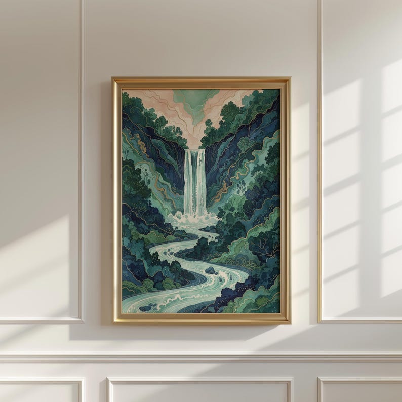 May include: A framed art print depicts a waterfall cascading down a lush, green valley. The artwork features shades of teal, blue, and green, with a light pink sky. The gold frame adds a touch of elegance to this nature-themed piece.