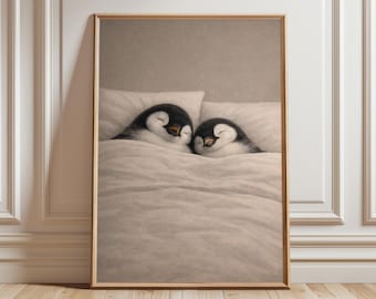 Lámina artística de pingüinos durmiendo: una acogedora pareja de animales, ideal para la decoración de un dormitorio neutro.