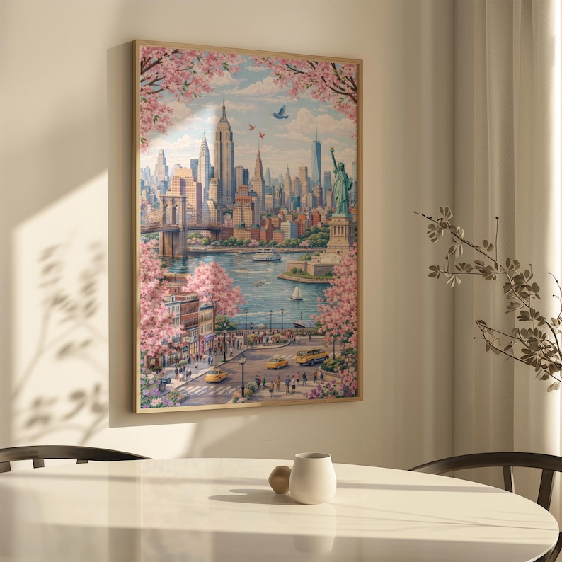 Op de afbeelding: Een ingelijste kunstafdruk van New York City, met de skyline met het Empire State Building en het Vrijheidsbeeld. Roze kersenbloesems omlijsten het stadsbeeld, met gele taxi's en mensen op straat.