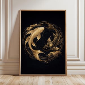 Koi Fish Wall Art Gold Black Poster, Yin Yang Koi Print, Japandi Decor, Japanese Fish Artwork, Zen Asian Wall Art