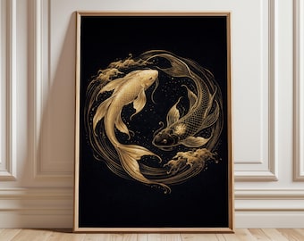 Koi Fish Wall Art Gold Black Poster, Yin Yang Koi Print, Japandi Decor, Japanese Fish Artwork, Zen Asian Wall Art