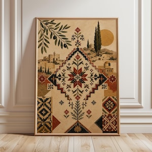 Palestine Wall Art Print, Palestinian Tatreez Print, Olive Branch Art, Islamic Geometry Decor, Middle Eastern Heritage Wall Art