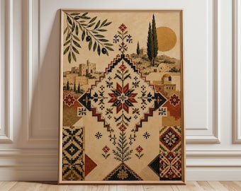 Impression d'art mural Palestine, impression Tatreez palestinienne, art du rameau d'olivier, décoration géométrique islamique, art mural patrimoine du Moyen-Orient