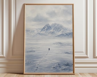 Kunstprint van een eenzame pinguïn op reis | Surrealistisch poollandschap