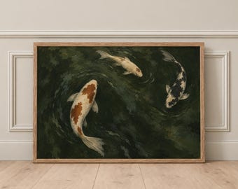 Koi Fish Wall Art Print, Japanese Pond Art, Dark Olive Green Japandi Decor, Horizontal Water Garden Print, Moody Living Room Art
