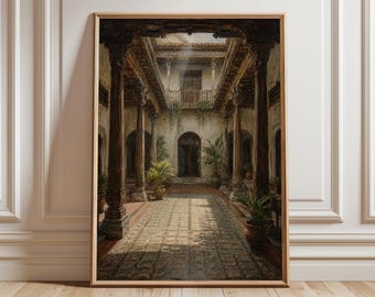 Lámina decorativa para pared de patio indio, pintura de mansión Chettinad, decoración de arquitectura patrimonial de Tamil Nadu, arte de interiores de lujo del sur de la India.