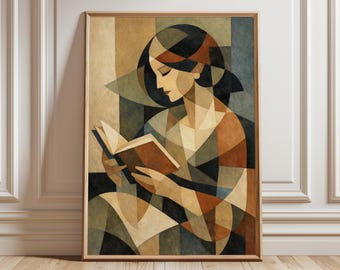 Abstract Woman Reading Wall Art, Cubist Geometric Figure Print, Modern Book Lover Decor