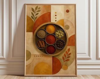 May include: Framed art print featuring a circular brass spice container with seven compartments, each filled with different spices. The artwork has a warm color palette of oranges, browns, and yellows, with abstract shapes and botanical elements. The print is displayed on a wooden floor.