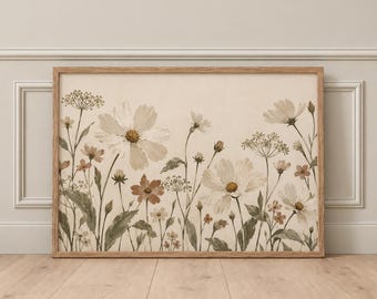 Neutral Wildflower Art Print, Japandi Floral Wall Art, Cream Cosmos Flowers, Beige Botanical Print, Horizontal Living Room Decor