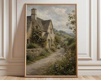 Plakat ścienny z motywem Cotswolds, obraz z angielskim domkiem, plakat z krajobrazem wiejskim, wystrój Cottagecore, grafika z motywem wsi w stylu vintage
