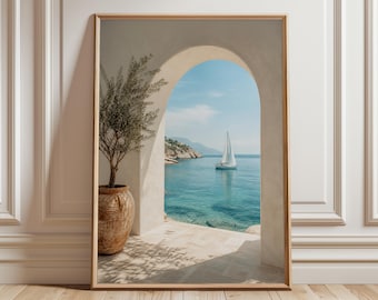 Greek Islands Sailboat Wall Art Print, Mediterranean Coastal Archway Poster, Summer House Decor, Blue Sea View Art