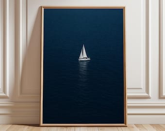 Sailboat Wall Art, Deep Blue Ocean Print, Nautical Sea Poster, Modern Coastal Decor, Yacht Photography