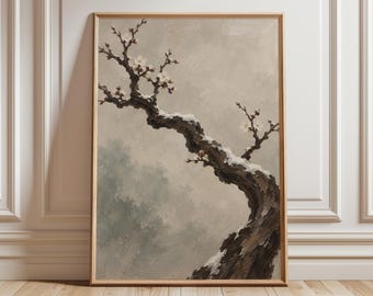 Lámina artística de flor de ciruelo, arte mural de ramas invernales Japandi, decoración botánica japonesa en tonos beige neutros, pintura de nieve, obra de arte invernal.