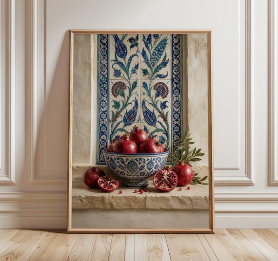 Pomegranate Wall Art Print, Ottoman Iznik Tile Still Life, Turkish Kitchen Decor, Islamic Mediterranean Dining Art