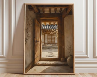 Korean Hanok Courtyard Wall Art, Traditional Korea Architecture Print, Neutral Asian Decor, Minimalist Japandi Wall Art