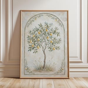 Citroenboom kunst aan de muur, decor mediterrane keuken, boho botanische poster, olijfgroen citrus boog schilderij