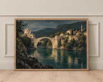 Lámina artística del puente de Mostar, arte mural del Stari Most, paisaje de Bosnia y Herzegovina, lámina del río Neretva, decoración de viaje europea con ambiente melancólico