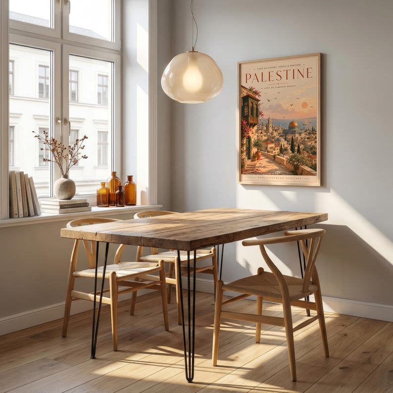 May include: A rectangular wooden dining table with black metal hairpin legs, accompanied by three light-colored wooden chairs with woven seats. A framed poster titled PALESTINE hangs on the wall, and a glass pendant light hangs above.