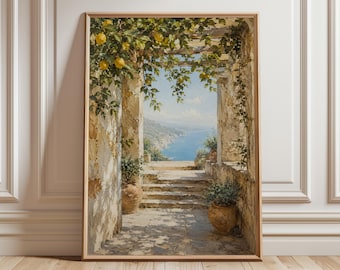 Amalfi Lemon Wall Art Print, Mediterranean Kitchen Decor, Coastal Villa Painting, Italian Summer Canvas Print