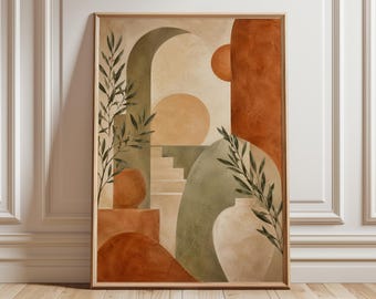 Mediterranean Abstract Wall Art, Terracotta Olive Green Print, Coastal Villa Decor, Neutral Botanical Arch Poster