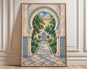Andalusian Arch Wall Art Print, Moorish Courtyard Poster, Spanish Mediterranean Decor, Orange Tree Garden Artwork
