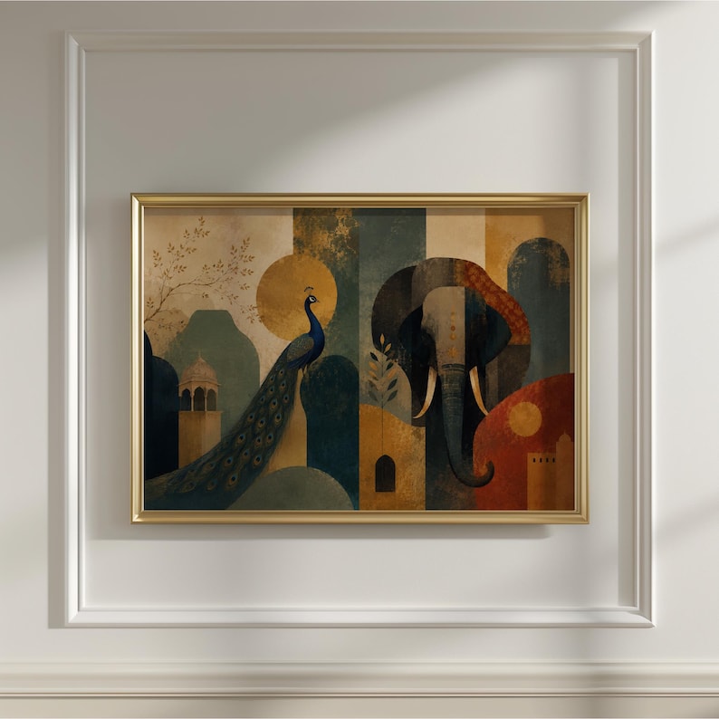 May include: A rectangular wall art print in a gold frame featuring a stylized illustration of a peacock and an elephant. The composition includes geometric shapes, architectural silhouettes, and a color palette of deep blue, gold, and terracotta.