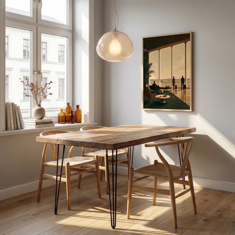 May include: A rectangular wooden dining table with thin black metal hairpin legs, accompanied by four light-colored wooden chairs with woven seats. A glass pendant light hangs above, and a framed print of an airport lounge hangs on the wall.