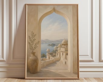 May include: Framed vintage print showing an archway framing a lake and detailed buildings. A beige vase with a leafy branch is to the left. The artwork is in a wooden frame, evoking a sense of history and tranquility.
