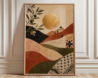Palestine Wall Art Print, Abstract Olive Branch Art, Islamic Geometry Poster, Palestinian Inspired Decor, Boho Middle Eastern Artwork
