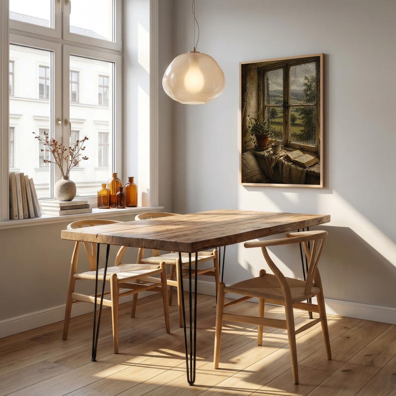 May include: A dining room scene featuring a wooden table with black hairpin legs and four wooden chairs. A framed painting hangs on the wall, and a light fixture hangs above the table. A window with a view is visible.