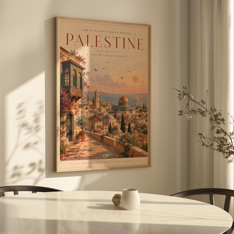 May include: A framed wall art print titled PALESTINE, featuring a warm-toned illustration of a historic city with a golden dome, stone buildings, and flowering vines under a sunset sky. The text reads LAND OF HISTORY, PEOPLE & HERITAGE.