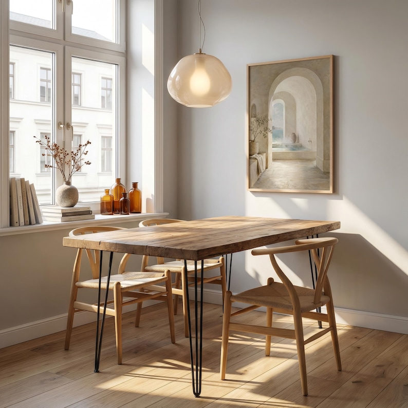 May include: A wooden dining table with black hairpin legs and four wooden chairs. A light fixture hangs above the table. A framed painting and a window are in the background. A vase of dried flowers and books sit on the windowsill. The table is approximately 150 cm long.