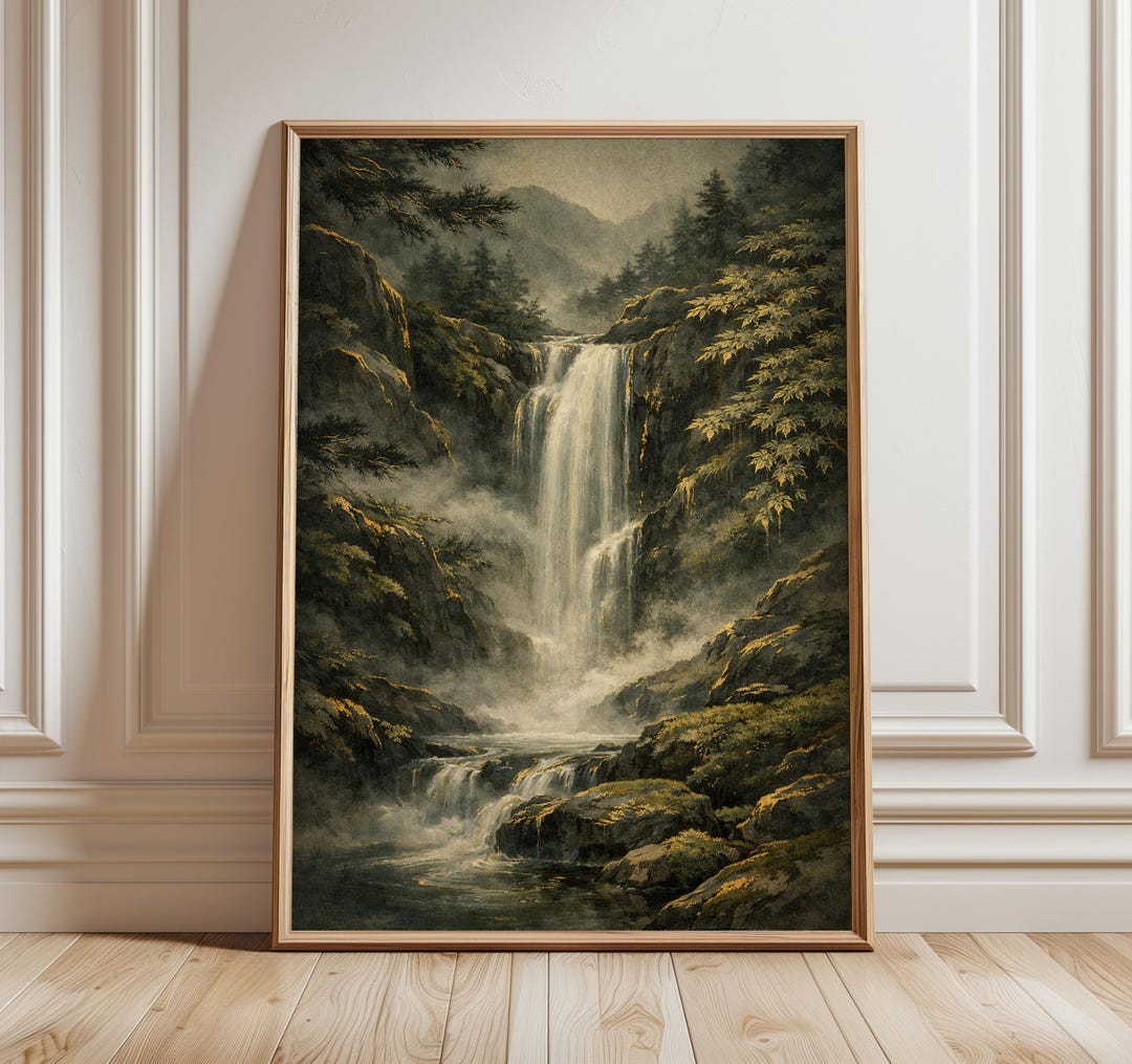 Japanese Waterfall Wall Art Print, Misty Mountain Landscape, Nature ...