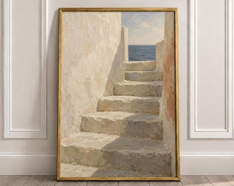 Mediterranean Coastal Wall Art Print, Sunlit Stone Steps and Blue Sea View, Neutral Beige Seaside Decor