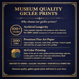 May include: A navy blue graphic with gold text that reads "MUSEUM QUALITY GICL&Eacute;E PRINTS." The graphic highlights archival longevity, premium fine art paper, and 12-color printing. The text also mentions museum-quality prints delivered to your door.