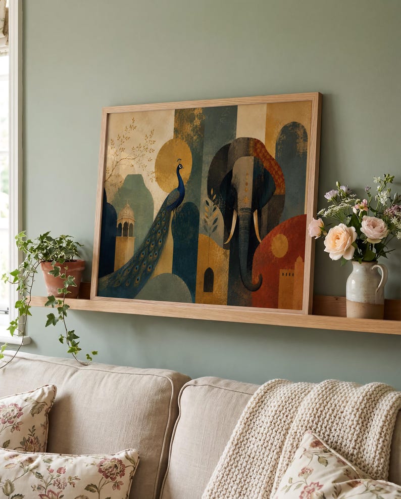 May include: A rectangular framed wall art print featuring a stylized illustration of a peacock and an elephant. The artwork uses a palette of deep blue, gold, terracotta, and muted green tones, depicting architectural elements and organic shapes.