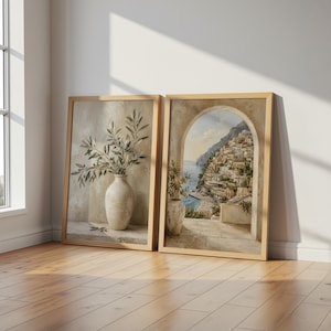 Mediterranean Wall Art Set of 2, Olive Branch Print, Positano Italy Wall Art, Neutral Coastal Decor, Amalfi Coast Gallery Prints