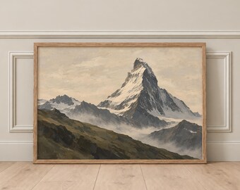 Matterhorn Wall Art, Swiss Alps Mountain Landscape, Zermatt Switzerland Artwork, Vintage Style Alpine Decor, Rustic Ski Chalet Art