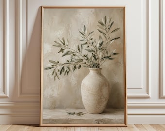 Olivenzweig Vase Kunstdruck, Mediterrane Botanische Wandkunst, Neutral Küchendeko, Rustikales Beiges Stillleben, Bauernhaus Wandkunst