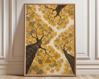 Ginkgo Tree Art Print, Golden Autumn Forest Wall Art, Mustard Yellow Leaves, Japandi Botanical Wall Decor for Living Room