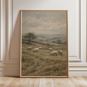 Sheep Field Wall Art Print, English Countryside Landscape, Rustic Farm Painting, Neutral Pastoral Decor
