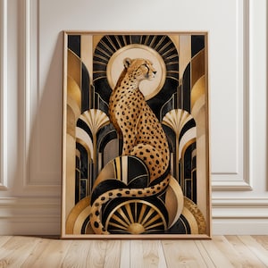 May include: A framed rectangular wall art print featuring a spotted cheetah sitting centrally. The composition uses a palette of black, gold, and cream with geometric fan-shaped motifs and circular lines arranged in a symmetrical, layered pattern.