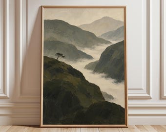 Misty Mountain Wall Art Print, Moody Olive Green Landscape with Lone Tree, Japandi Decor