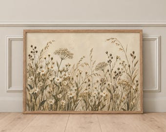 Neutral Wildflower Art Print, Horizontal Botanical Wall Art, White Daisy Meadow, Beige Floral Print, Japandi Decor
