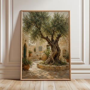 May include: A framed wall art print depicting a gnarled olive tree centred in a stone courtyard. The scene features light-coloured stone walls, terracotta pots with green plants, and a paved ground, all rendered in soft, warm, earthy tones.