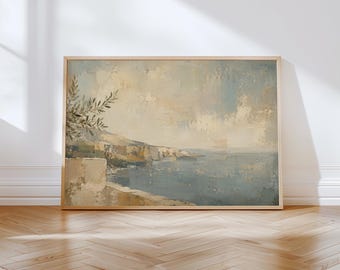 Horizontal Coastal Wall Art Print, Abstract Mediterranean Seascape, Blue Beige Landscape, Neutral Ocean Art, Large Above Sofa Decor