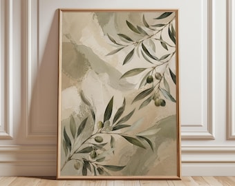 "Olivenzweig Wand Kunstdruck, Neutrale botanische abstrakte Malerei, Salbei grün mediterranes Dekor, strukturiertes ""Olivenbaum"" Poster."